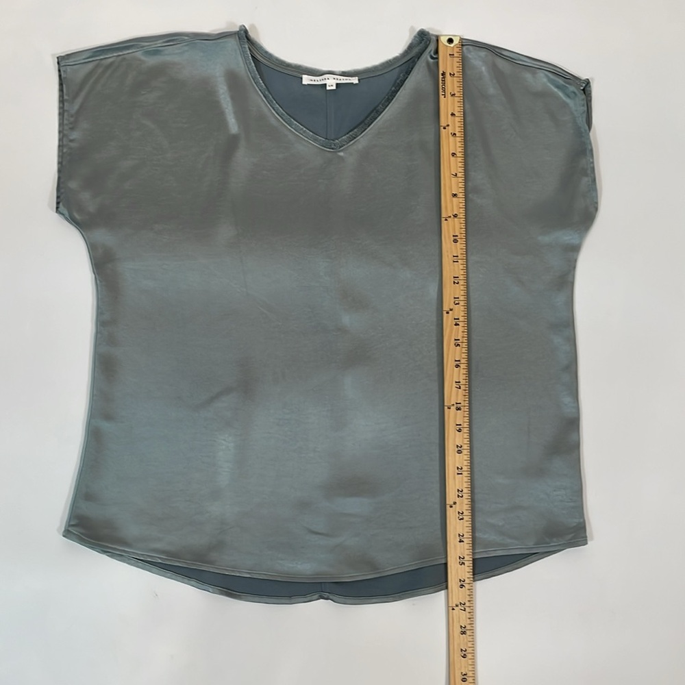 Melissa Nepton Satin Top Size L Seafoam Blue Color Fringe Neckline - Picture 5 of 7
